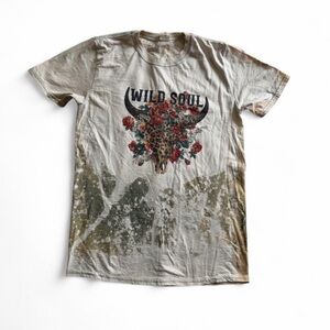 Wild Soul Western Bleached Graphic Tee Cowgirl Boho Distressed Skull Shirt Med